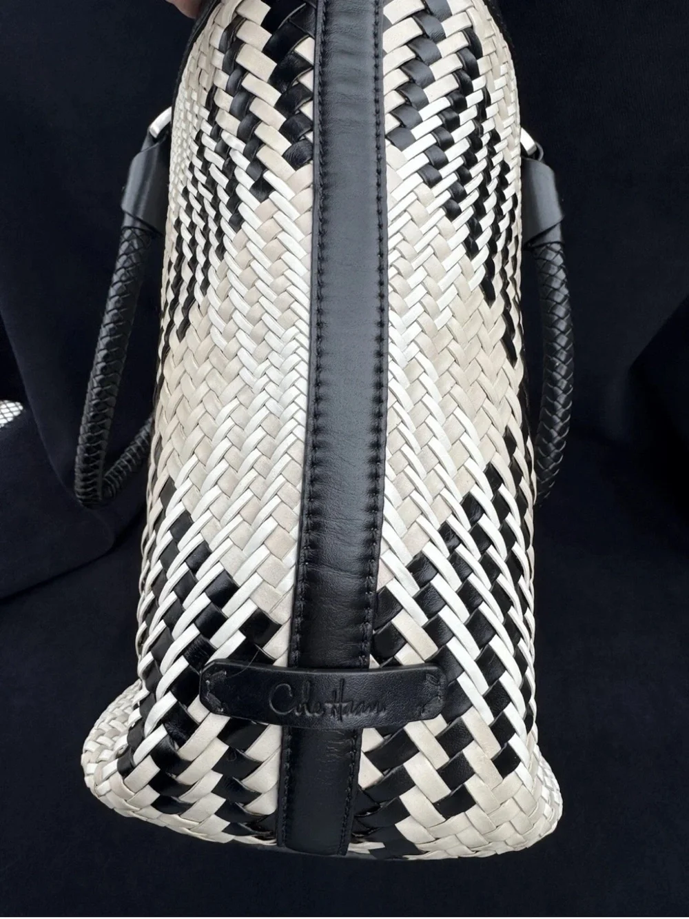 Cole Haan Black/Cream Woven genuine leather BrandNEw W/out tag East West tote